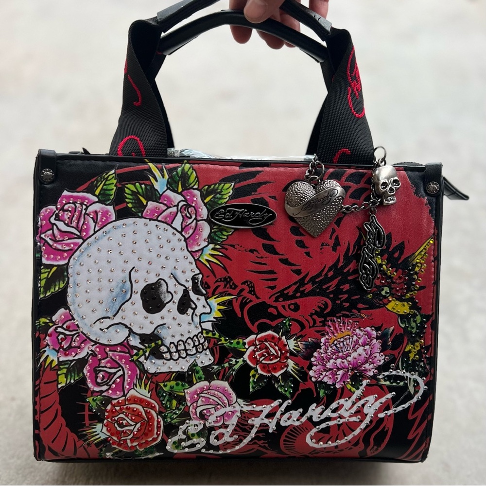 Ed Hardy Black and Red Skull Vegan Tote